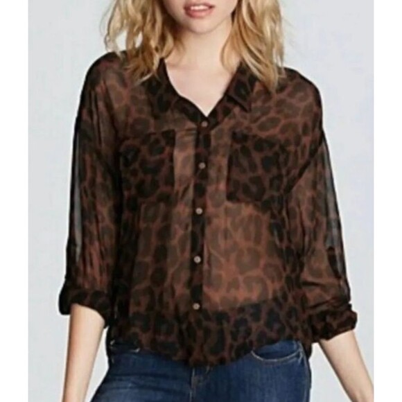 Free People Easy Rider Blouse Leopard Animal Print Sheer Button Down Oversized - Picture 1 of 10